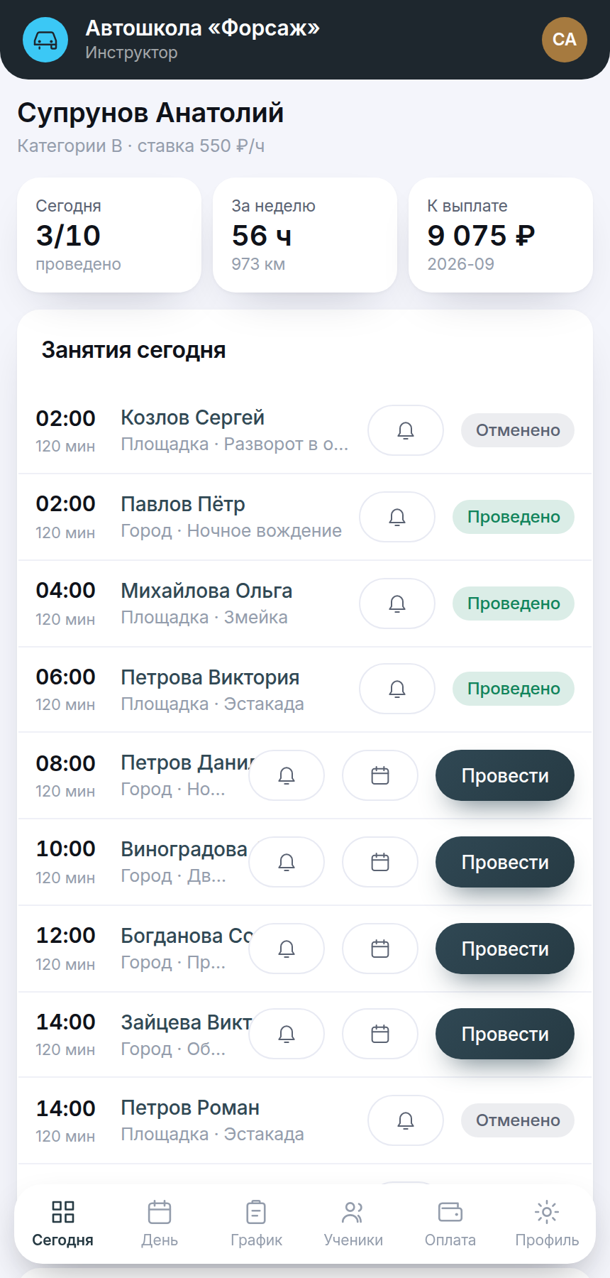 Кабинет инструктора автошколы в телефоне: занятия на сегодня, часы и зарплата